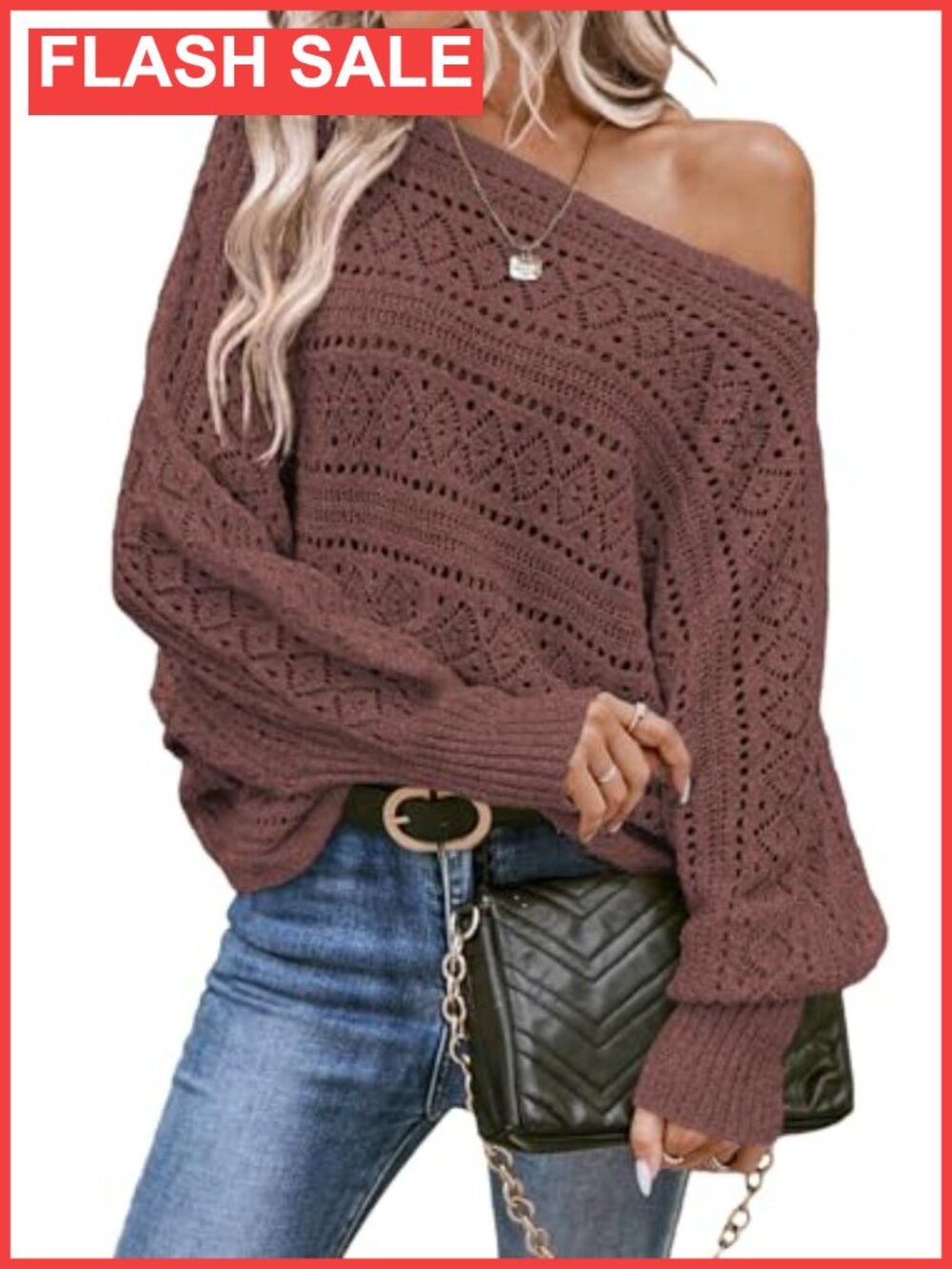 Womens Crochet Boat Neck Long Batwing Sleeve Loose Pullover Sweater